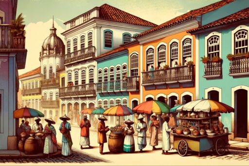  Ilustração colorida retratando uma cena histórica de rua na Bahia, com vendedores de acarajé e arquitetura colonial ao fundo.