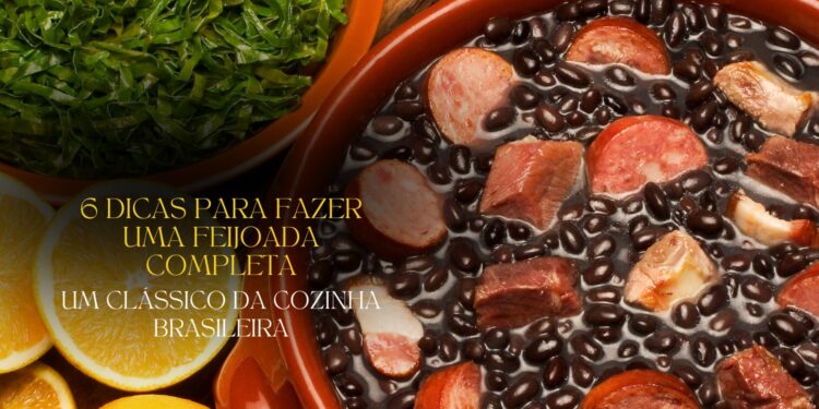 Um close-up de uma panela de feijoada completa, com couve fatiada e laranjas ao lado, traduzindo a riqueza da cozinha brasileira.